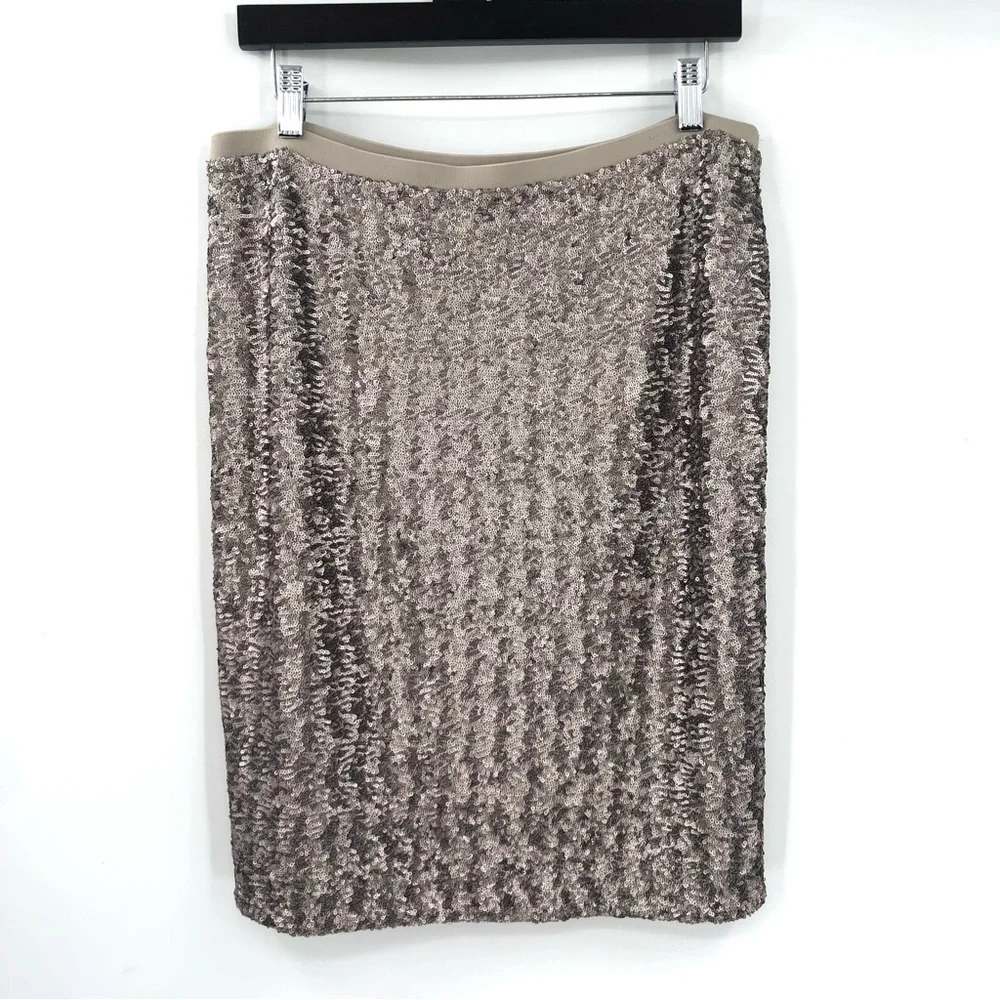 J.JILL Silver Sequin Pencil Skirt Grey Pull On Elastic Waist Holiday Christmas